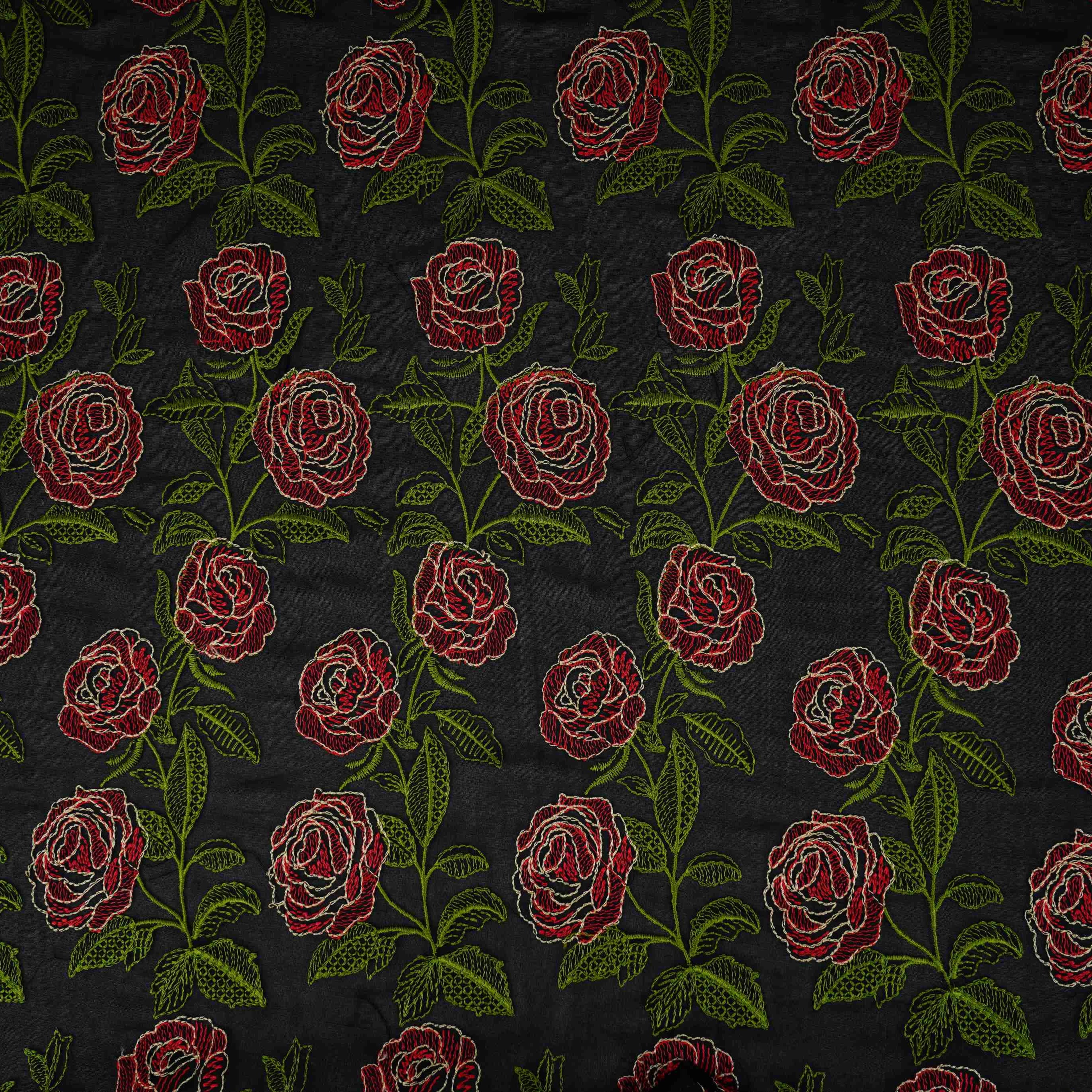 Black Floral Embroidery Pure Cotton Fabric MJF-30667 - TradeUNO