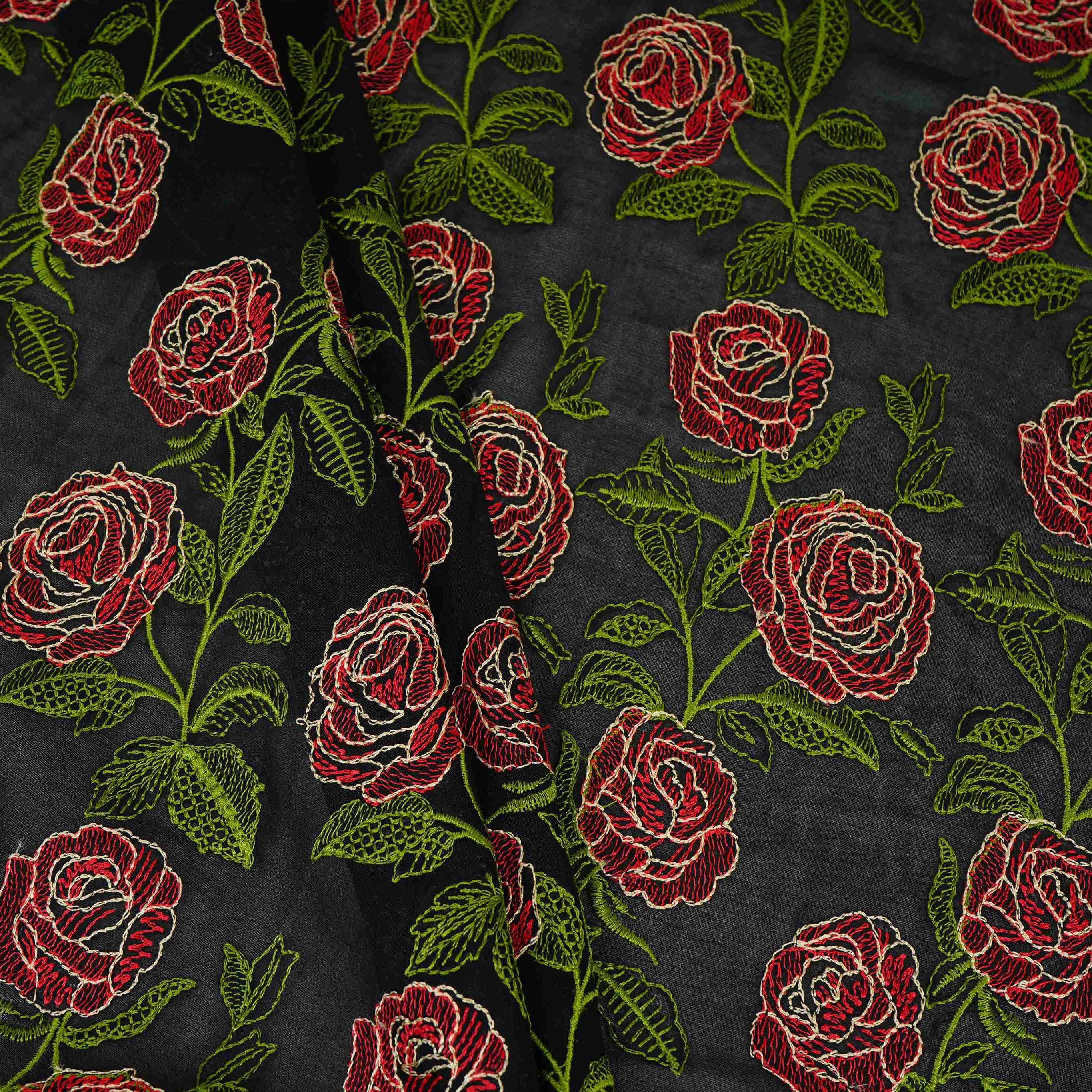Black Floral Embroidery Pure Cotton Fabric MJF-30667 - TradeUNO