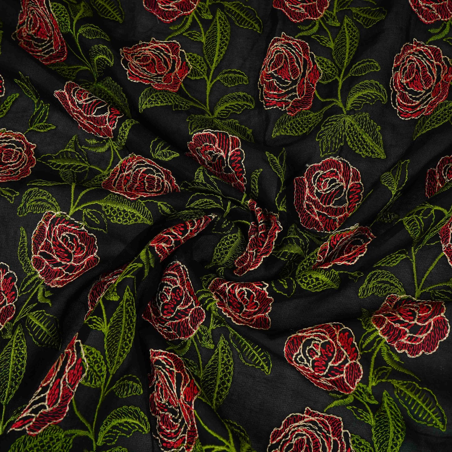 Black Floral Embroidery Pure Cotton Fabric MJF-30667