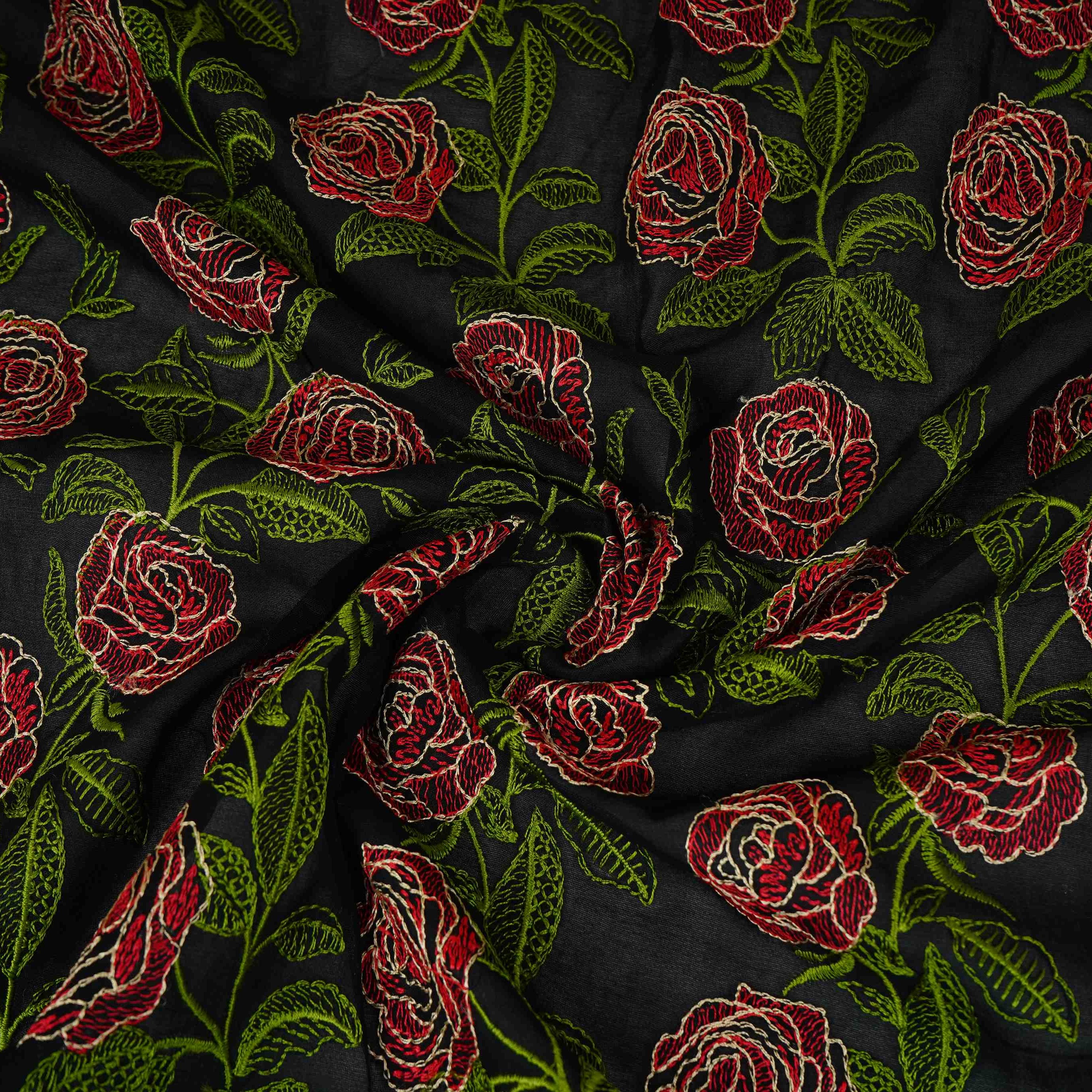 Black Floral Embroidery Pure Cotton Fabric MJF-30667 - TradeUNO