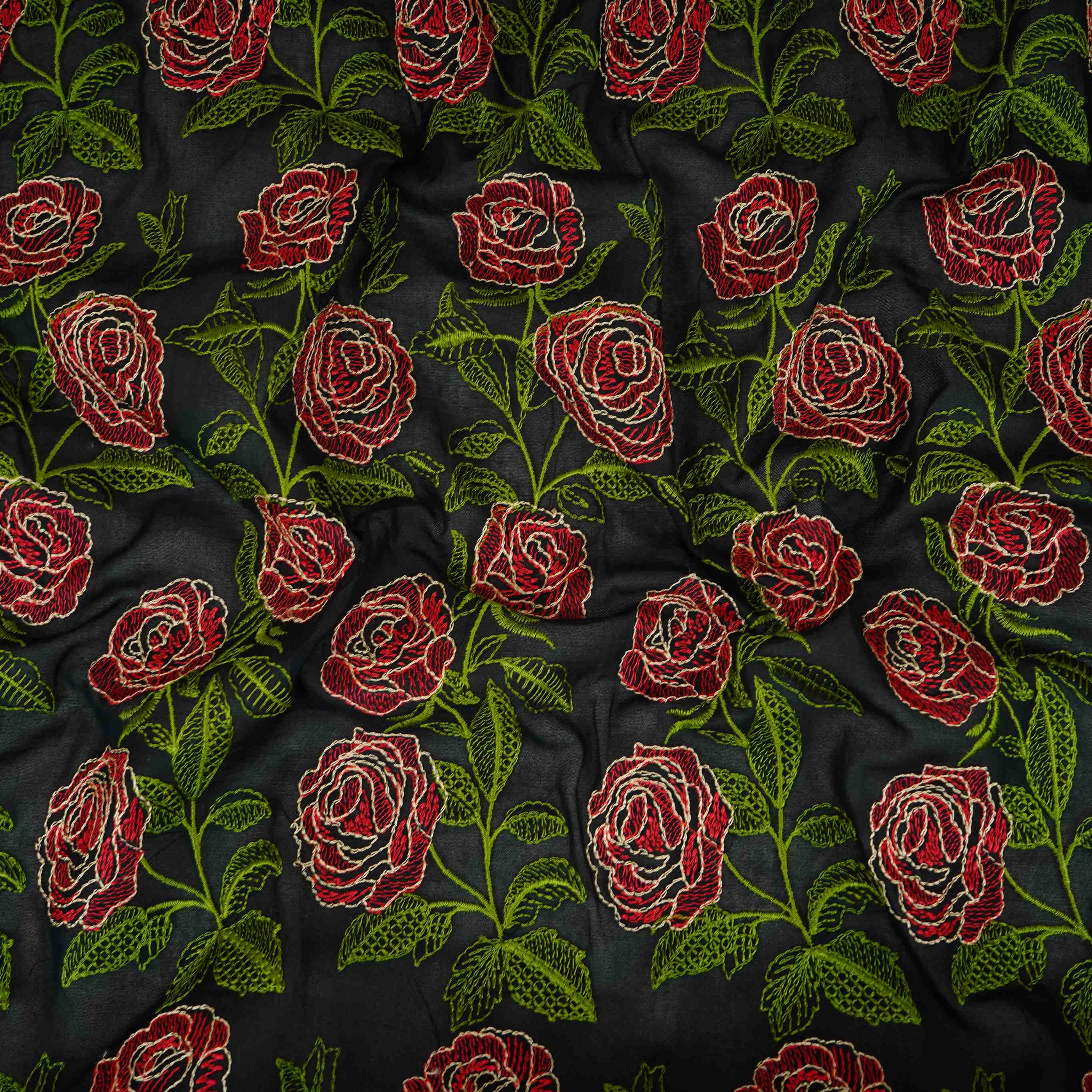 Black Floral Embroidery Pure Cotton Fabric MJF-30667 - TradeUNO