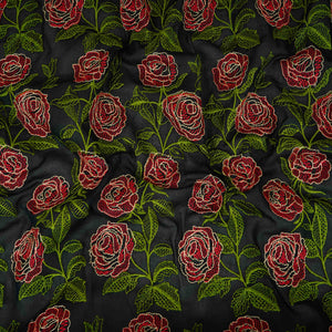 Black Floral Embroidery Pure Cotton Fabric MJF-30667 - TradeUNO