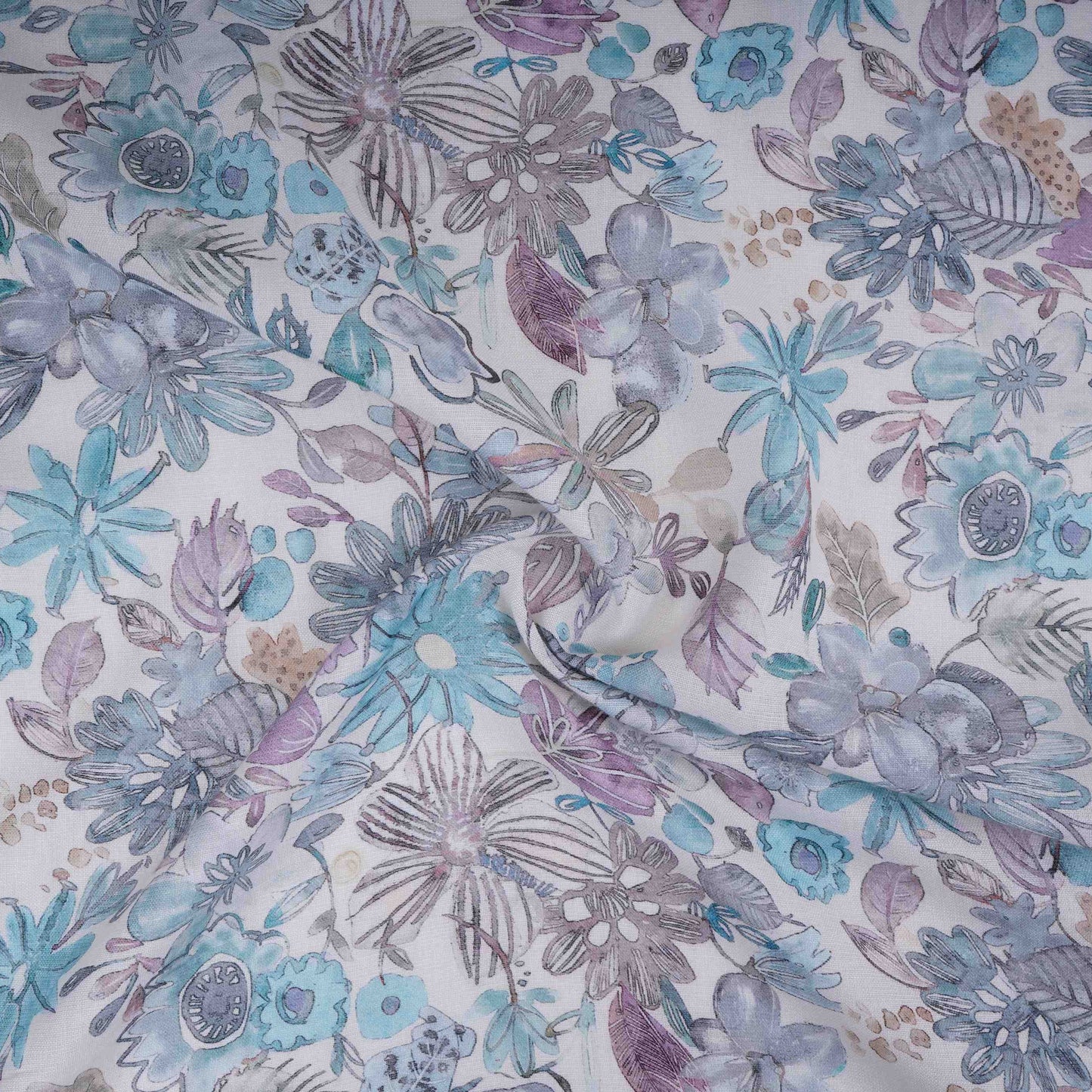 Off White Floral Print Cotton Linen Fabric RT-30969