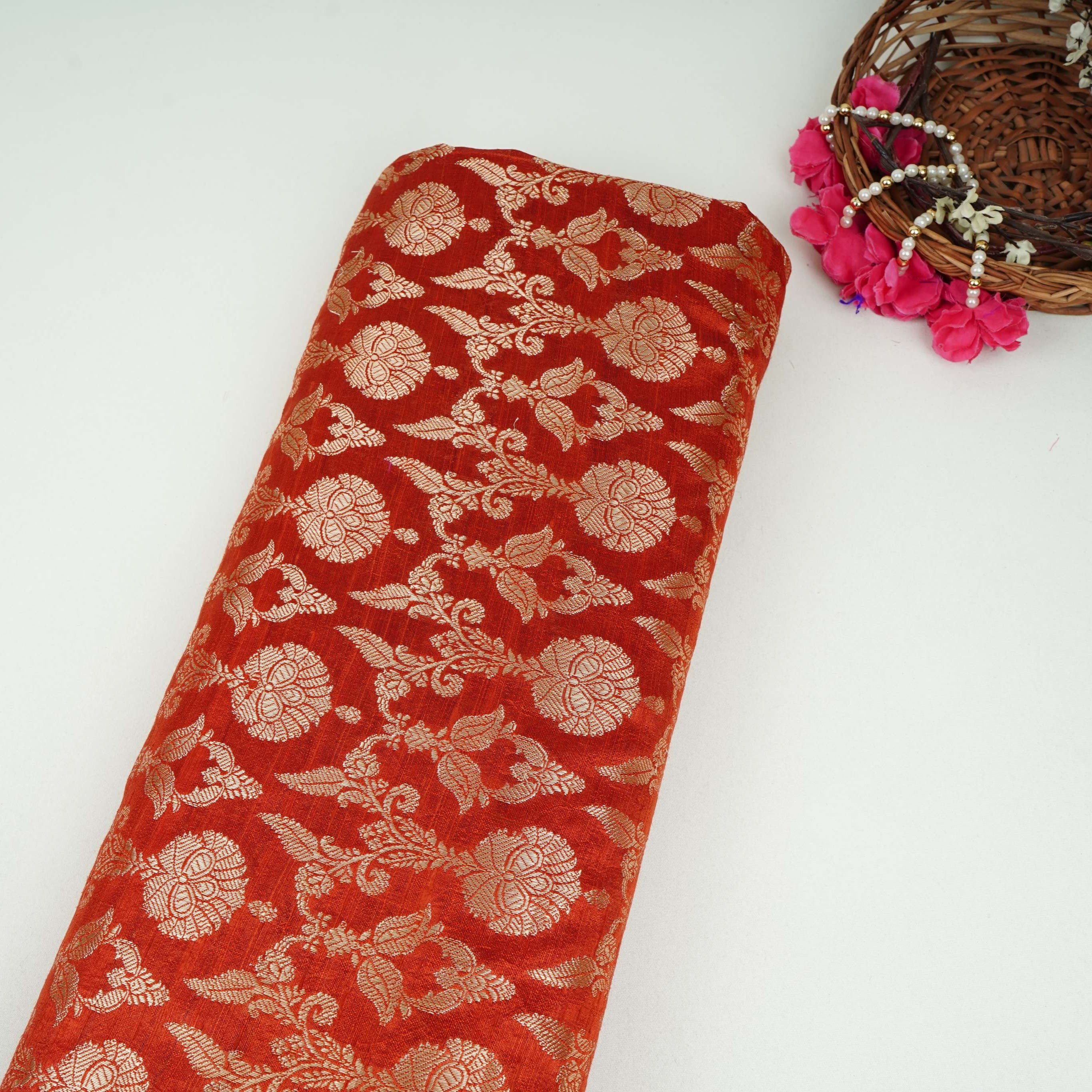 Red Floral Jaal Raw Silk Fabric CW-32524