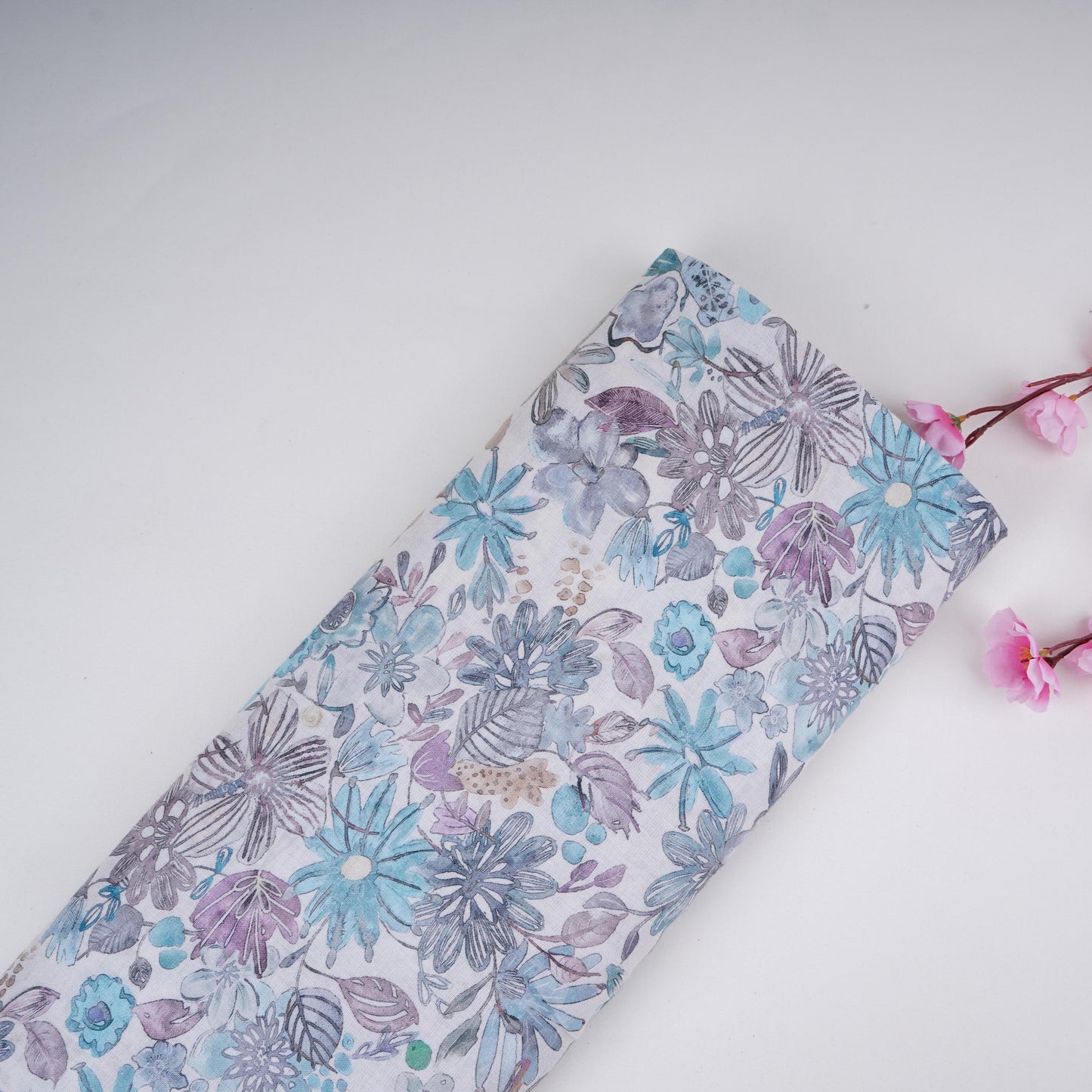 Off White Floral Print Cotton Linen Fabric RT-30969