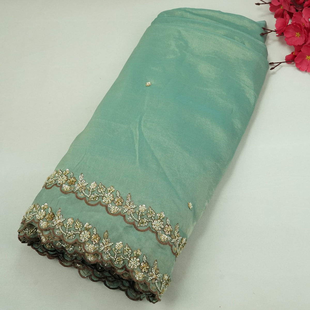 Sky Blue Floral Buti Cutdana Embroidery Kanjivaram Tissue Fabric VI-35000