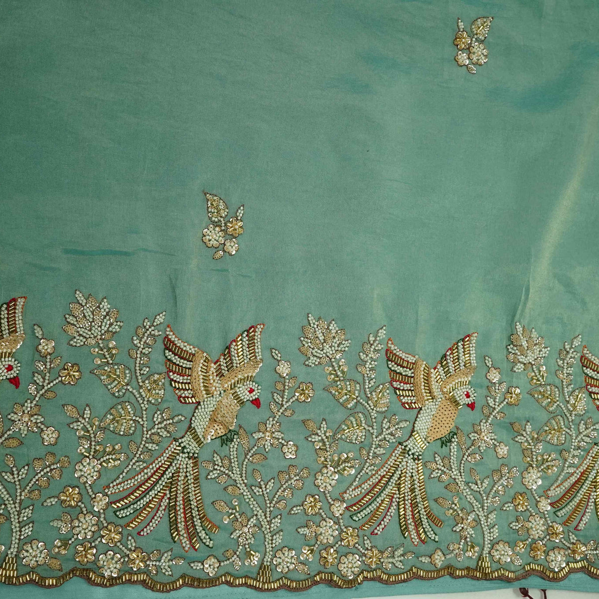 Sky Blue Bird Cutdana Embroidery Kanjivaram Tissue Fabric VI-34999