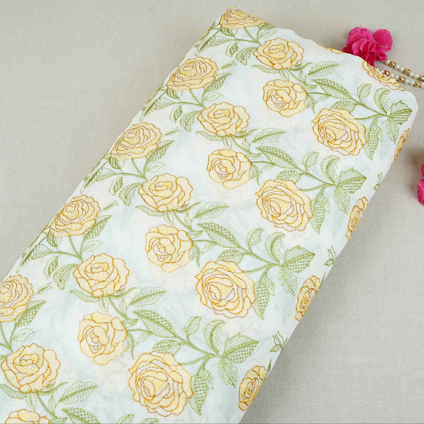 Cream Floral Embroidery Pure Cotton Fabric MJF-30669