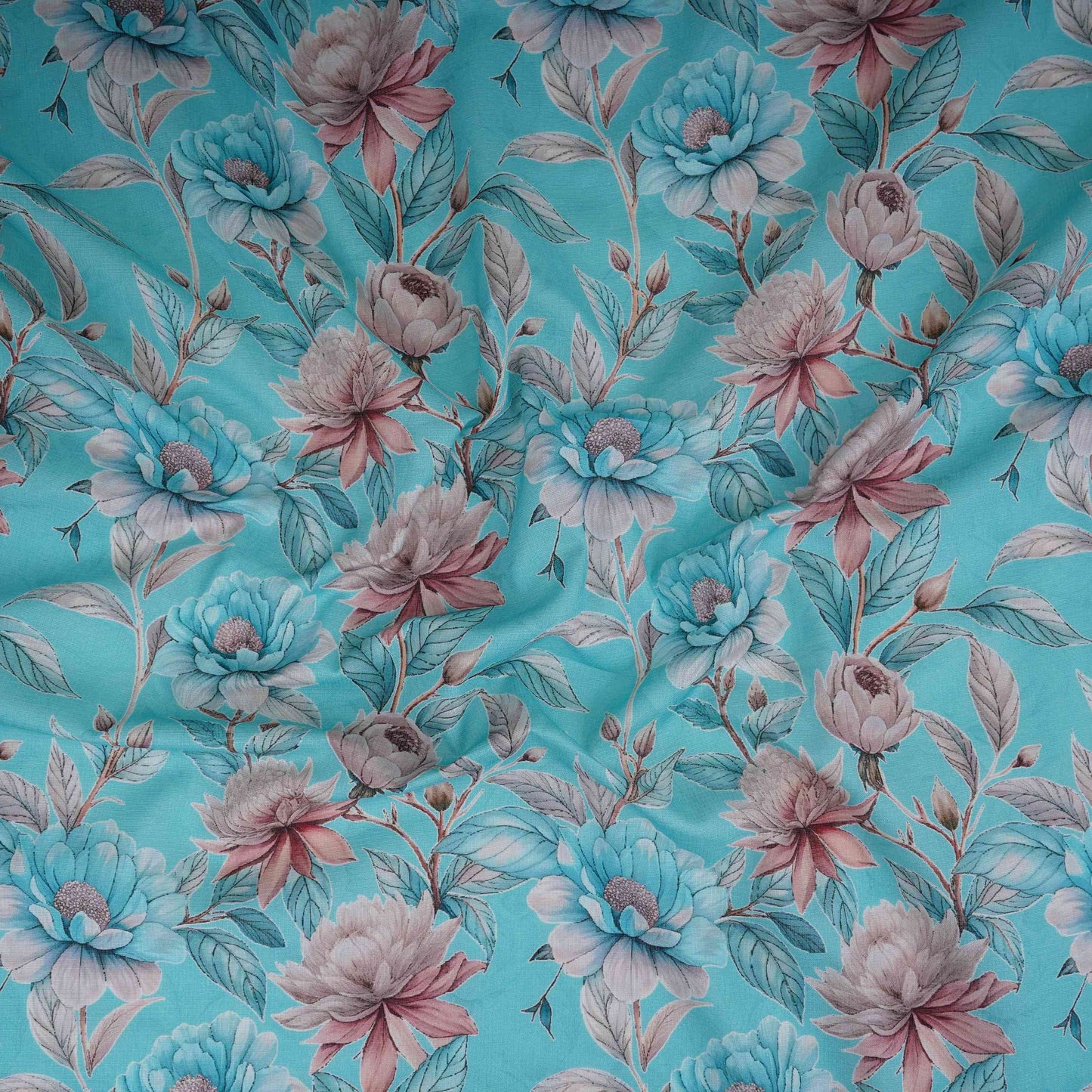 Sky Blue Floral Print Cotton Linen Fabric RT-30974