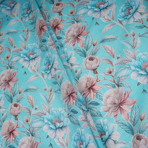 Sky Blue Floral Print Cotton Linen Fabric RT-30974 - TradeUNO