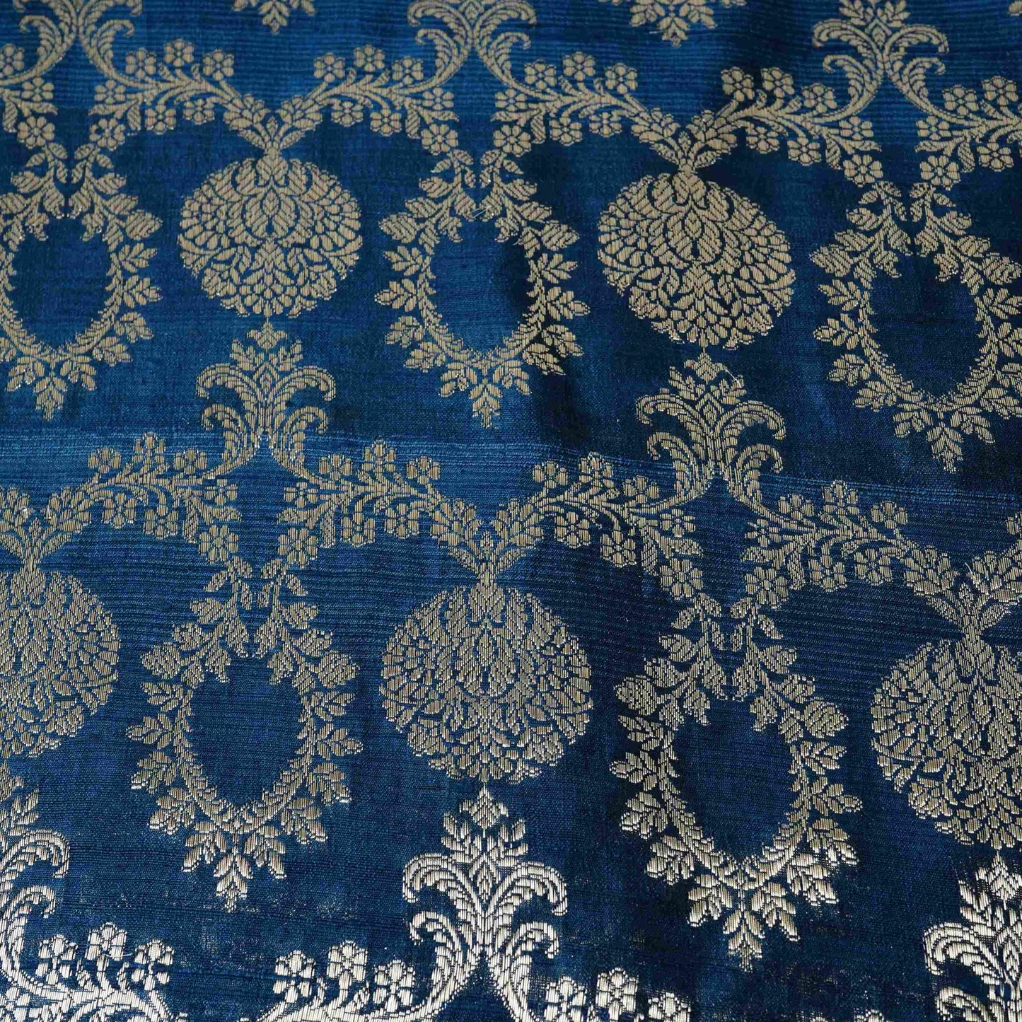Navy Blue Floral Jaal Raw Silk Fabric CW-32521
