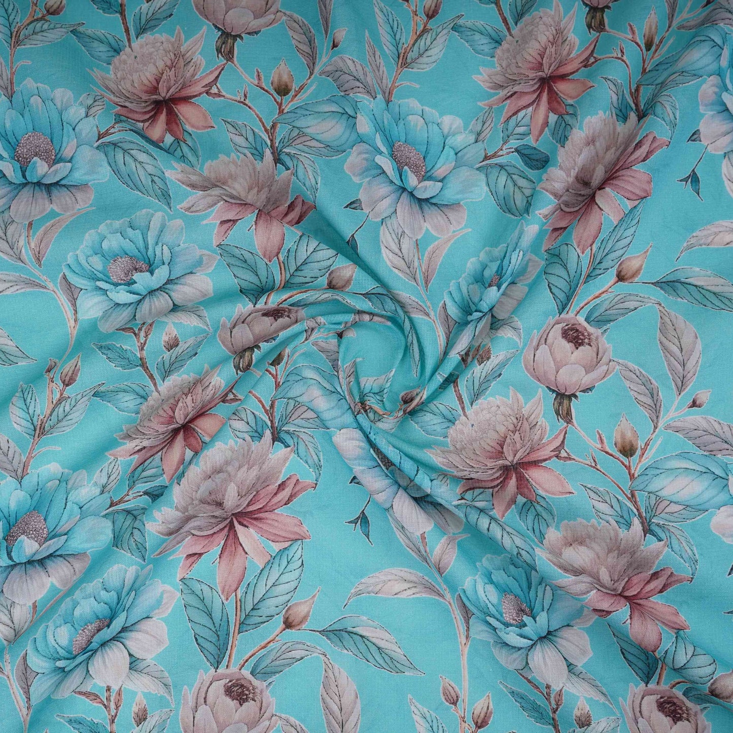 Sky Blue Floral Print Cotton Linen Fabric RT-30974