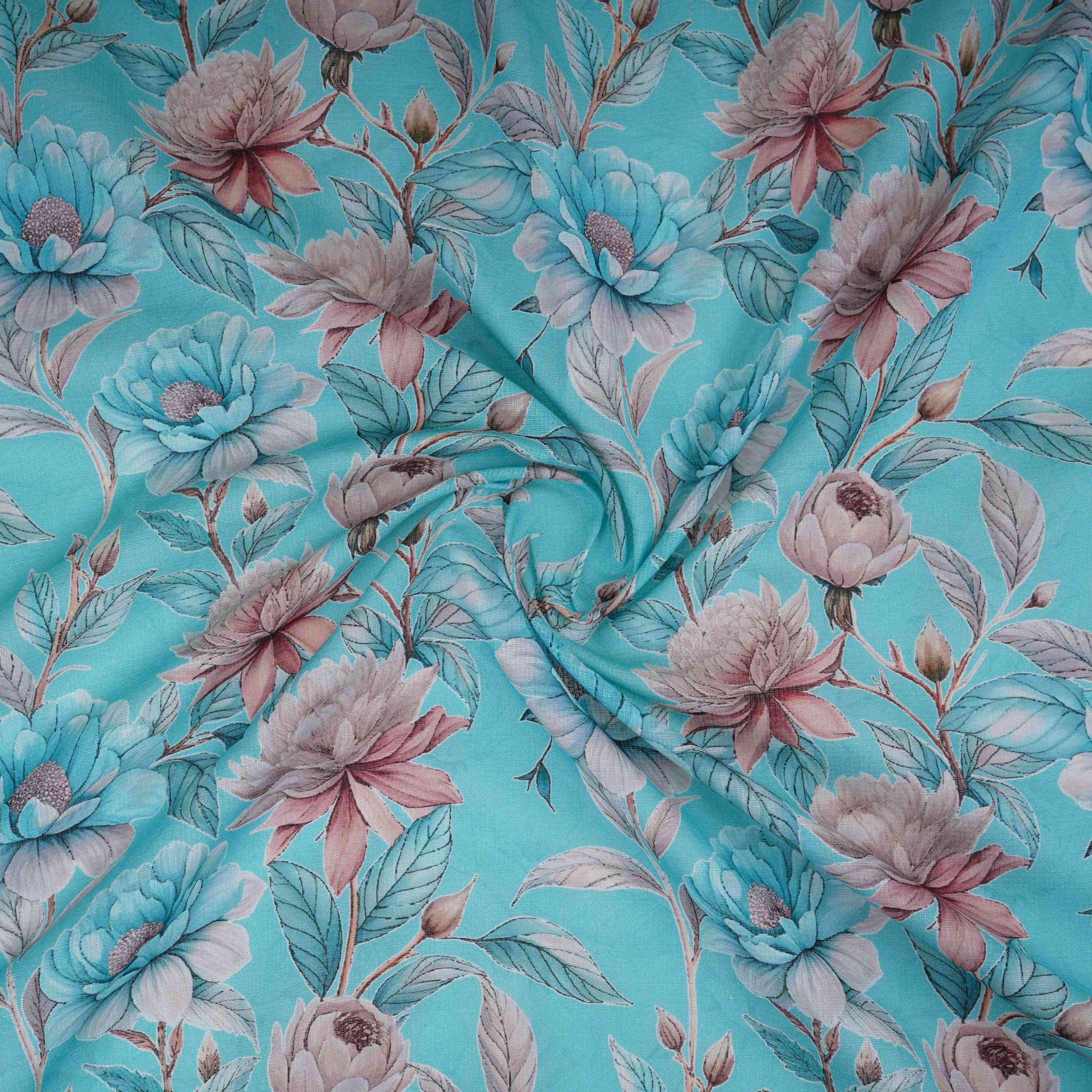 Sky Blue Floral Print Cotton Linen Fabric RT-30974 - TradeUNO