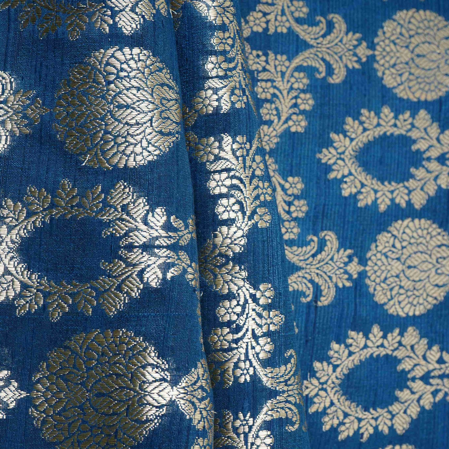Navy Blue Floral Jaal Raw Silk Fabric CW-32521