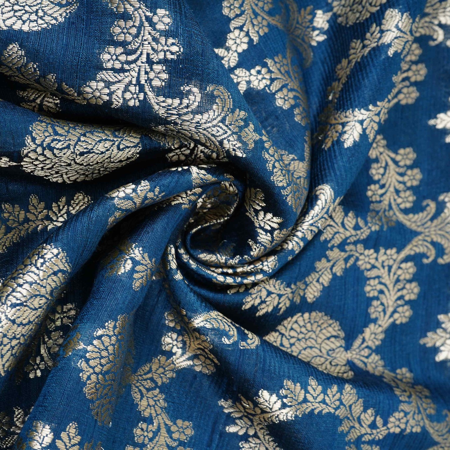 Navy Blue Floral Jaal Raw Silk Fabric CW-32521