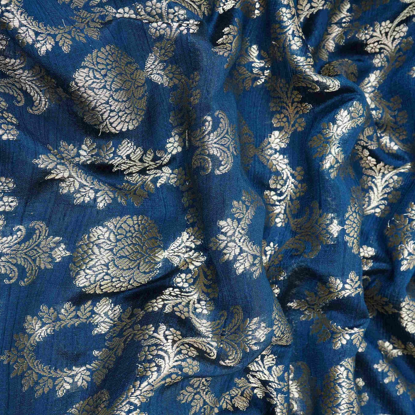 Navy Blue Floral Jaal Raw Silk Fabric CW-32521