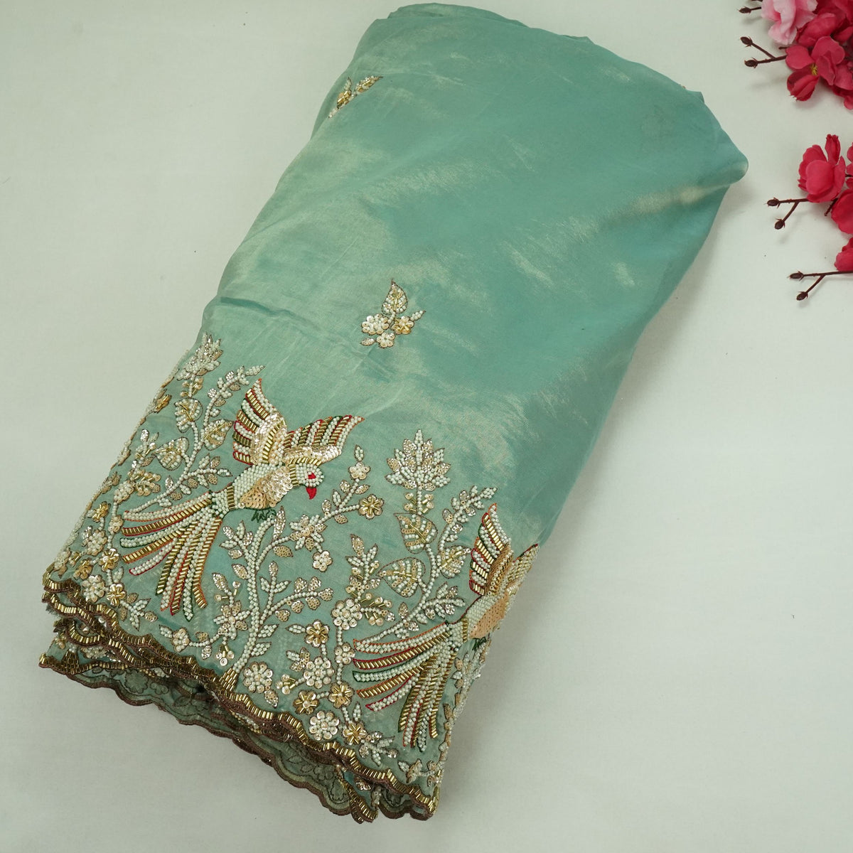 Sky Blue Bird Cutdana Embroidery Kanjivaram Tissue Fabric VI-34999
