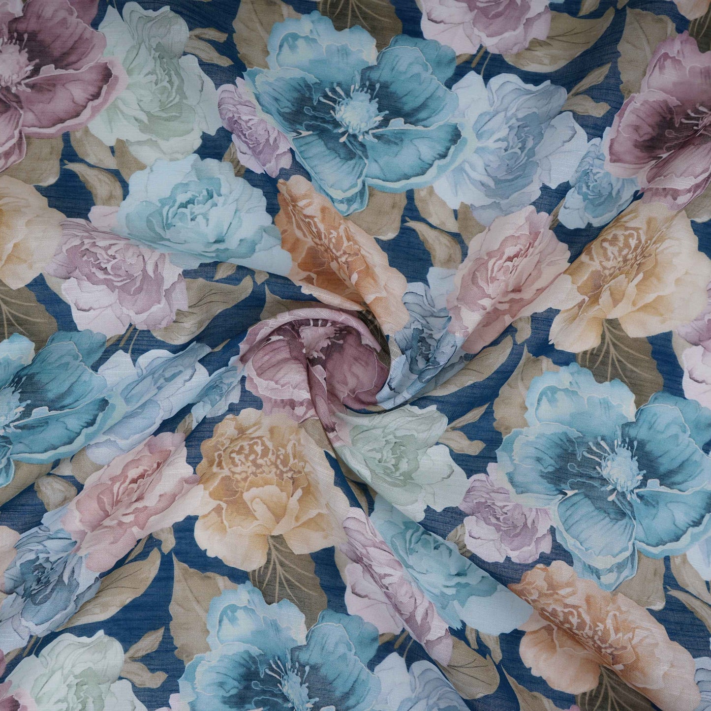 Navy Blue Floral Print Cotton Linen Fabric RT-30975