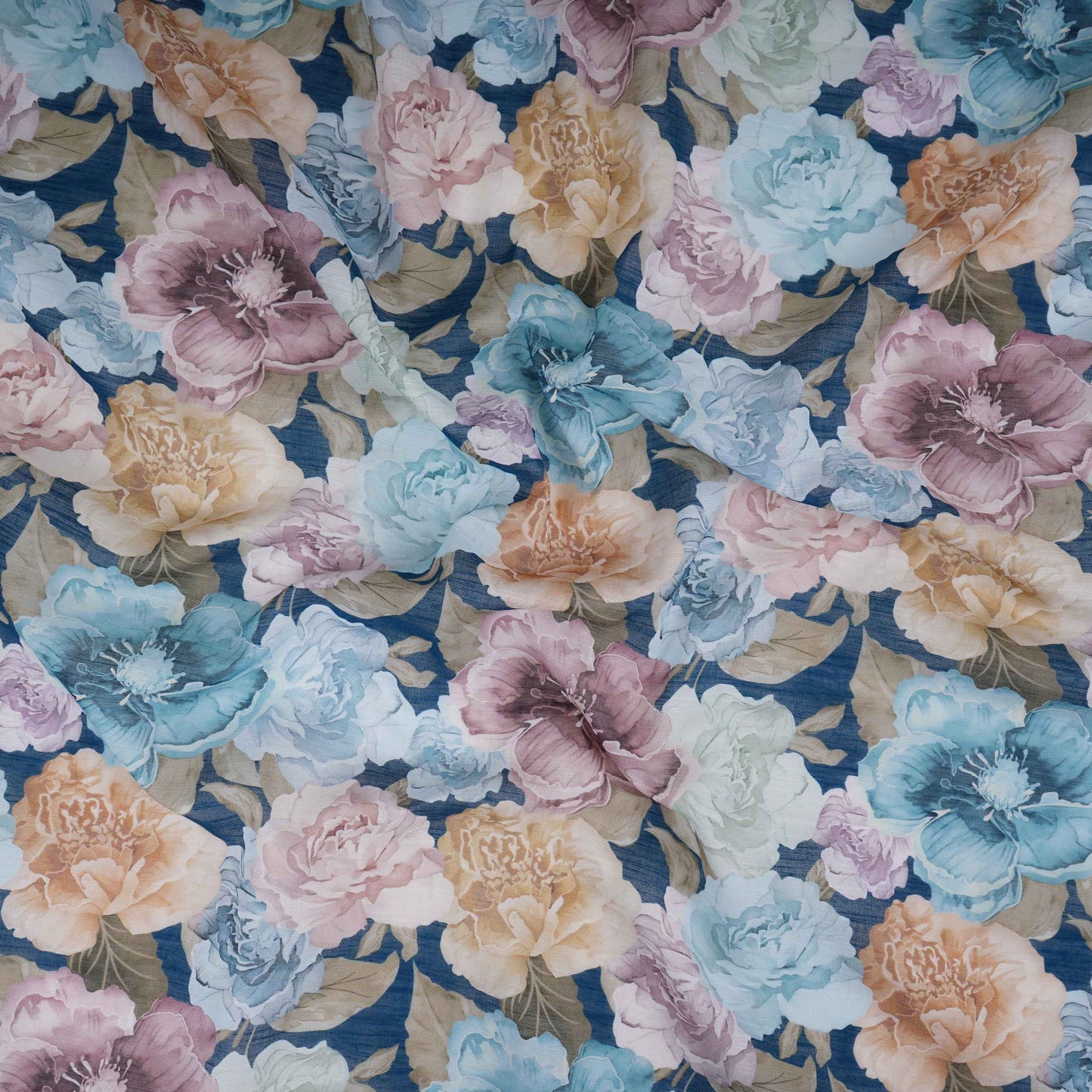 Navy Blue Floral Print Cotton Linen Fabric RT-30975
