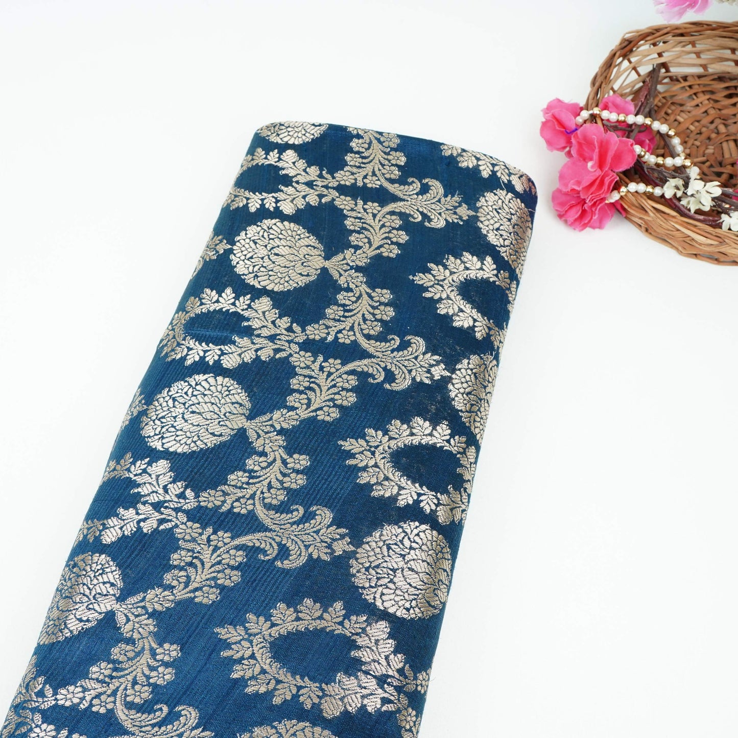 Navy Blue Floral Jaal Raw Silk Fabric CW-32521
