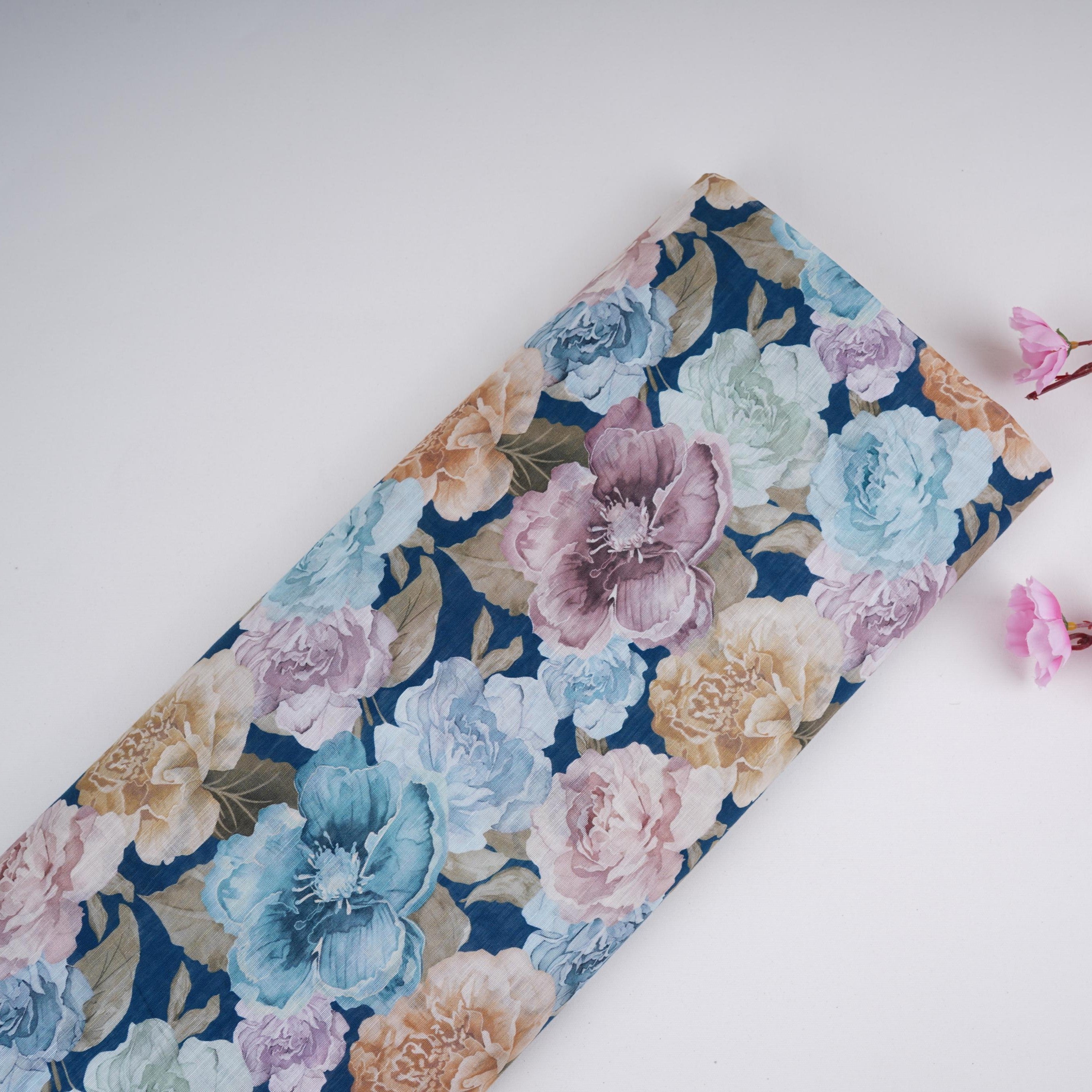 Navy Blue Floral Print Cotton Linen Fabric RT-30975 - TradeUNO