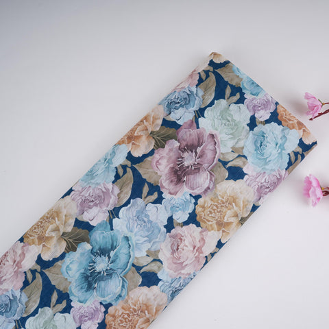 Navy Blue Floral Print Cotton Linen Fabric RT-30975