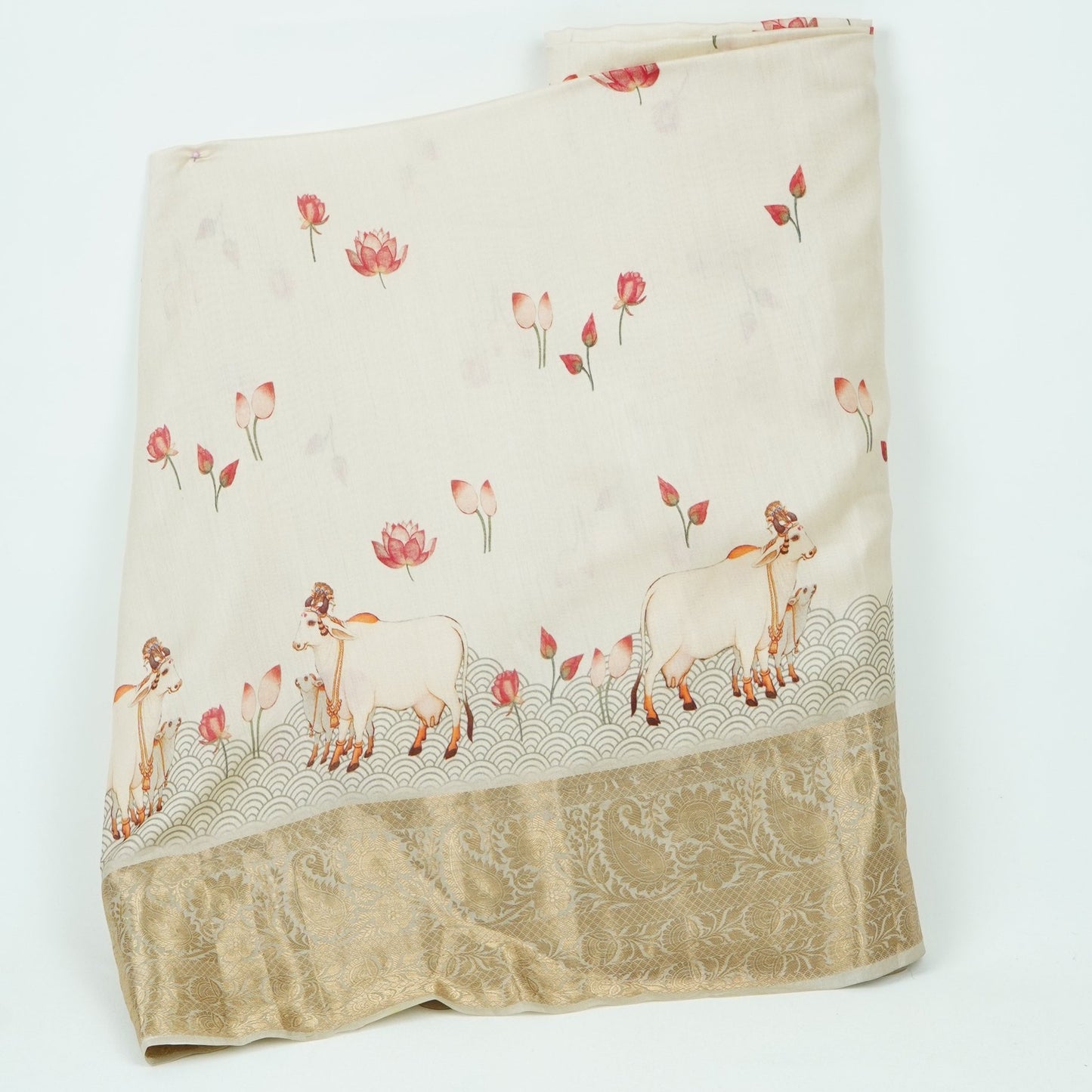 Off White Pichwai With Border Chiniya Silk Fabric CW-32577