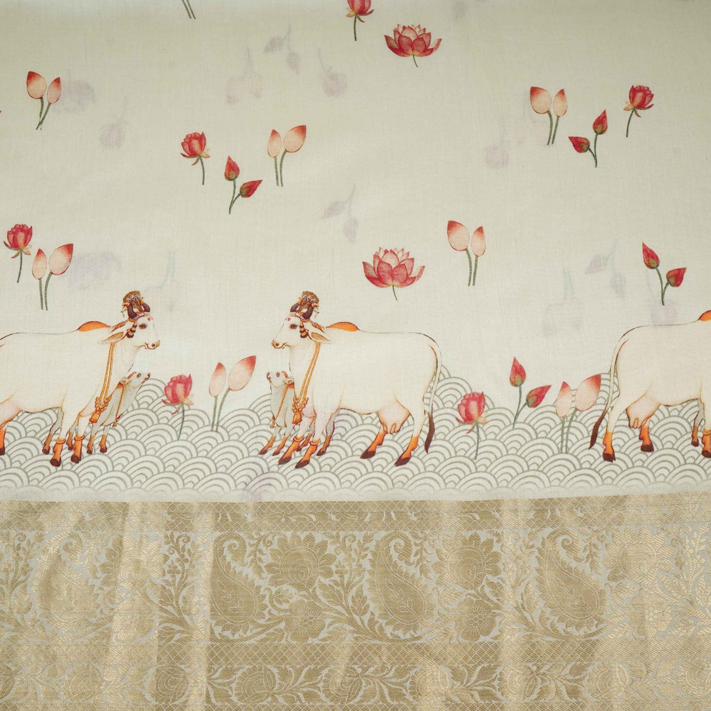 Off White Pichwai With Border Chiniya Silk Fabric CW-32577