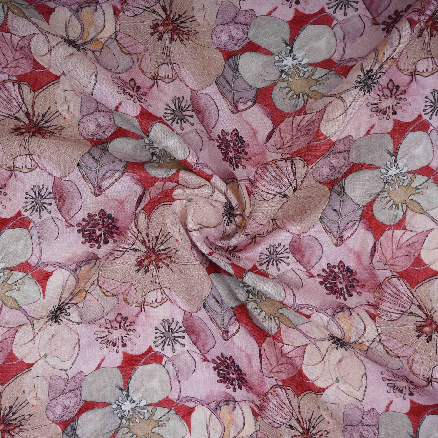 Red With Multicolor Floral Print Cotton Linen Fabric RT-30965