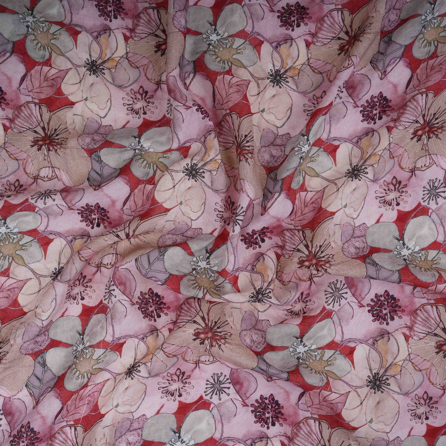 Red With Multicolor Floral Print Cotton Linen Fabric RT-30965