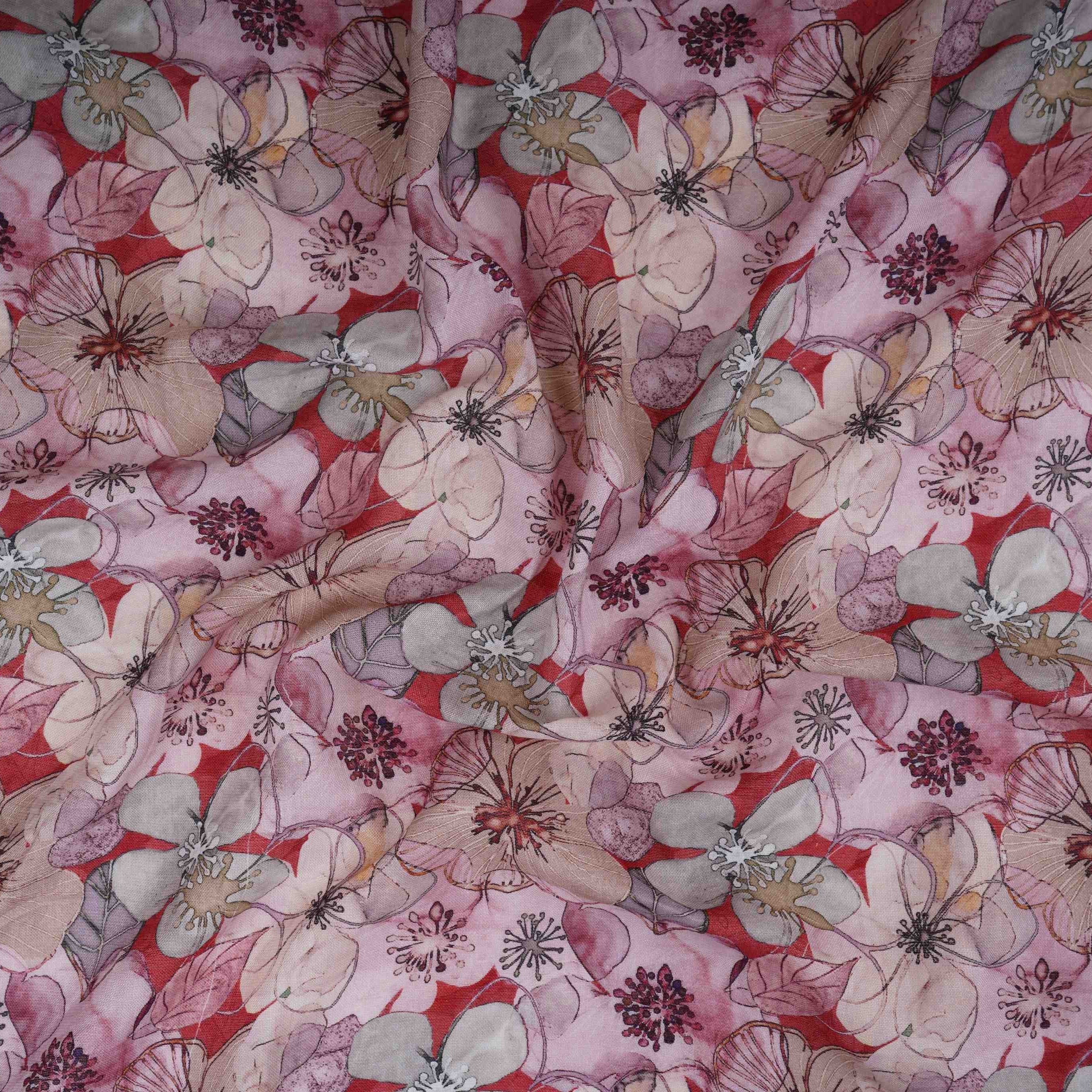 Red With Multicolor Floral Print Cotton Linen Fabric RT-30965 - TradeUNO