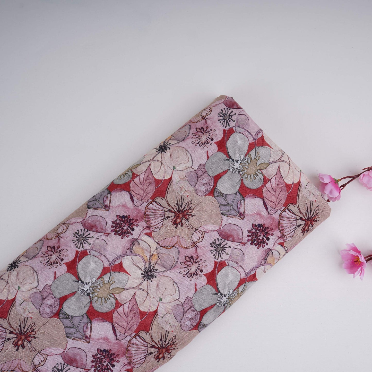 Red With Multicolor Floral Print Cotton Linen Fabric RT-30965