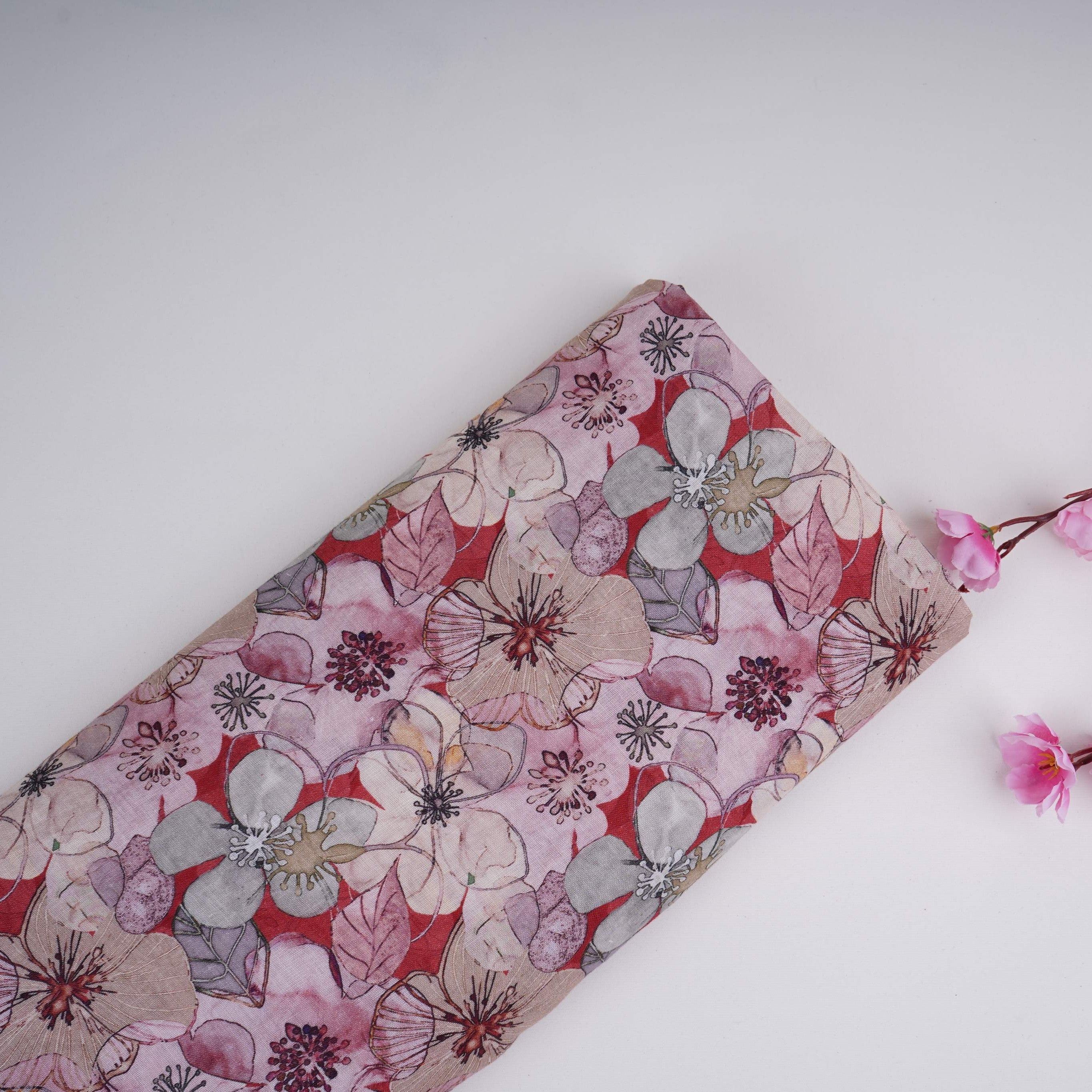Red With Multicolor Floral Print Cotton Linen Fabric RT-30965 - TradeUNO