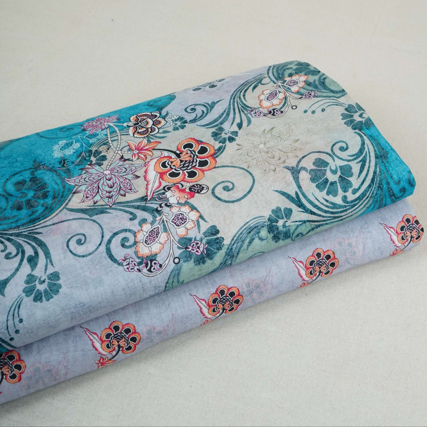 Grey With Multicolor Floral Print Mul Chanderi Fabric VF-30606