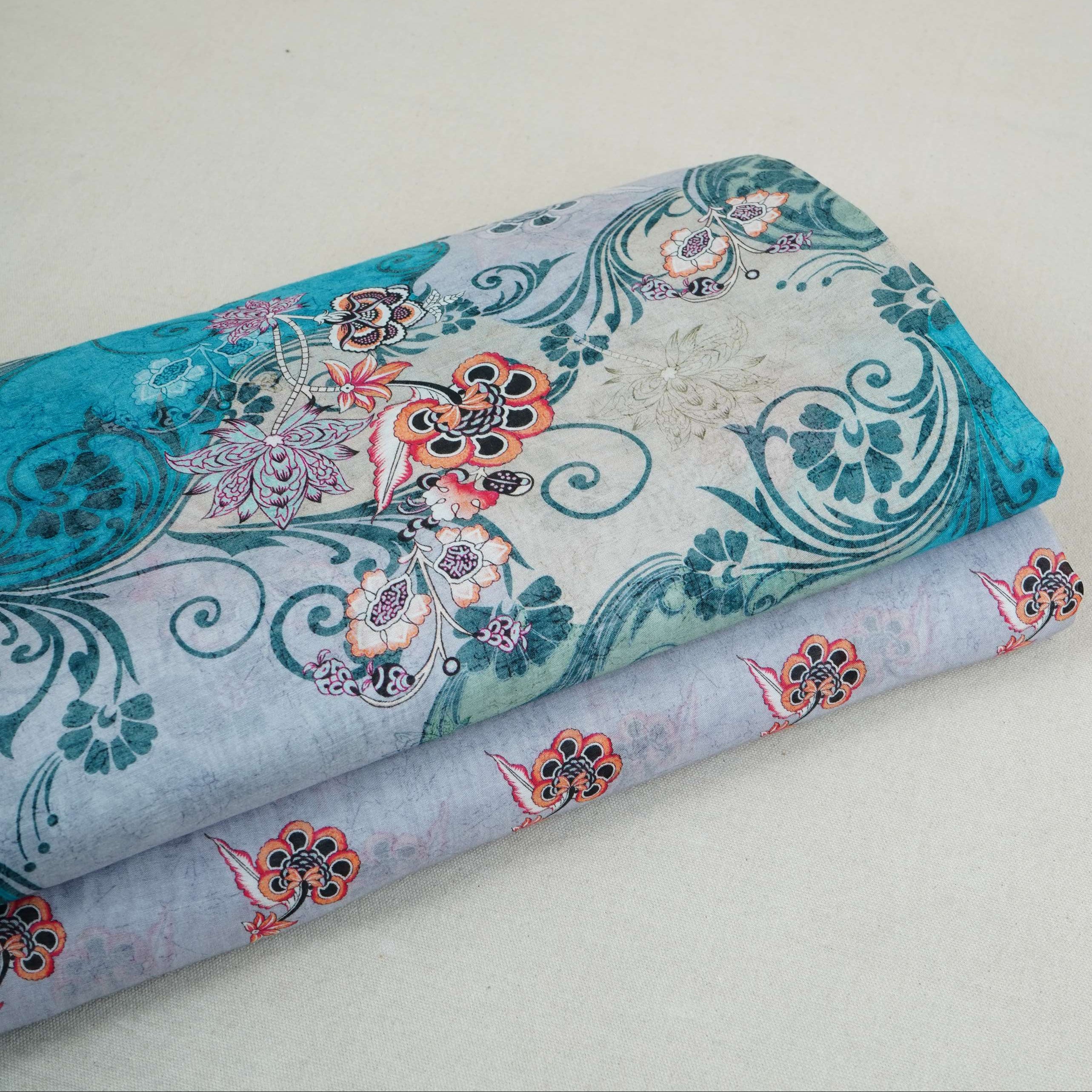 Grey With Multicolor Floral Print Mul Chanderi Fabric VF-30606 - TradeUNO
