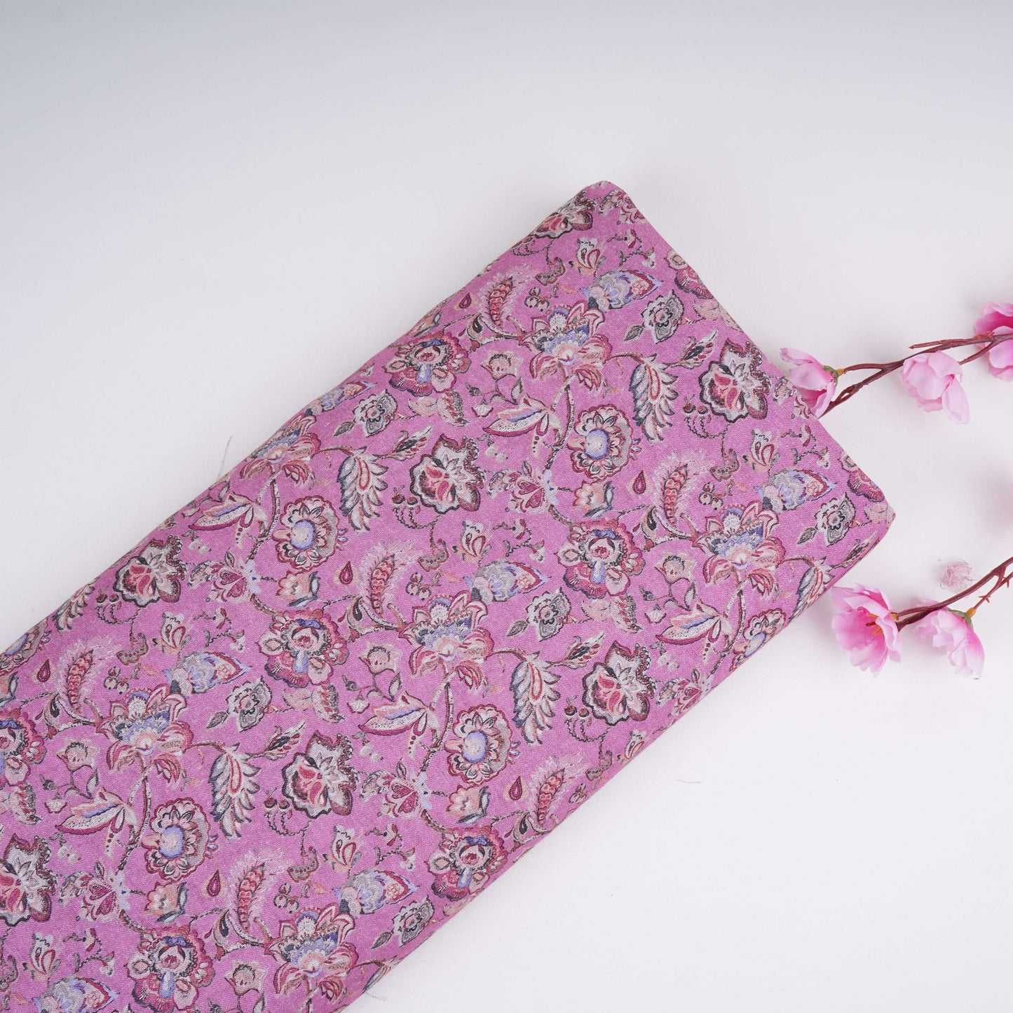 Dark Pink Floral Print Cotton Linen Fabric RT-30968