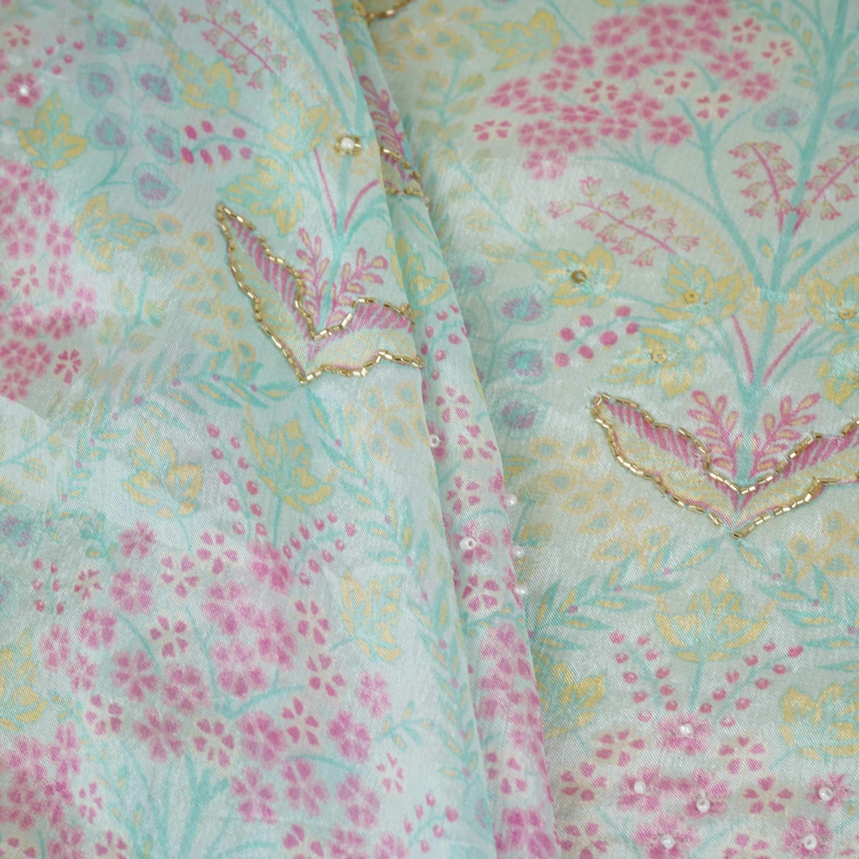 Purple Floral Cutdana Embroidery Chinnon Fabric VF-30630 - TradeUNO