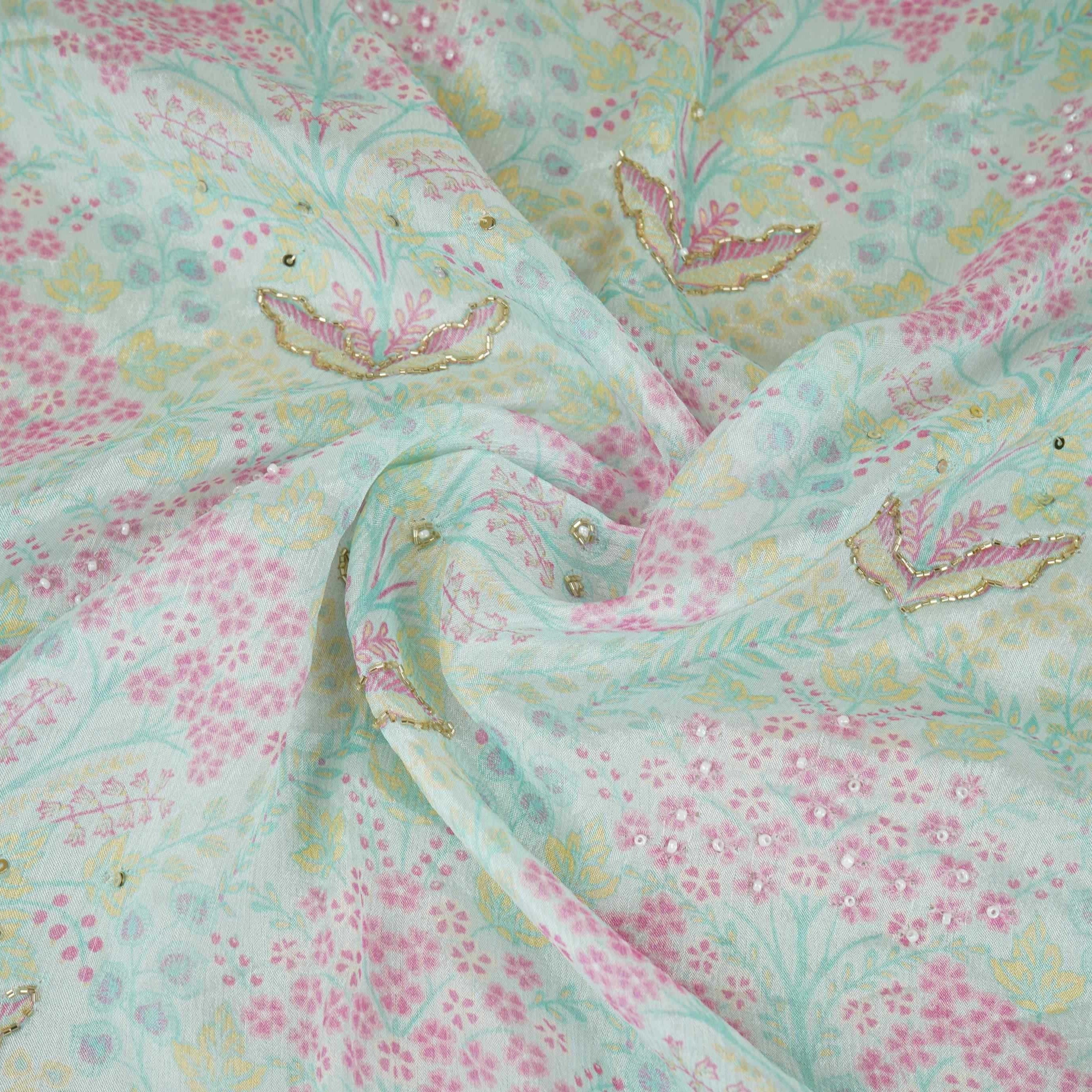 Purple Floral Cutdana Embroidery Chinnon Fabric VF-30630 - TradeUNO