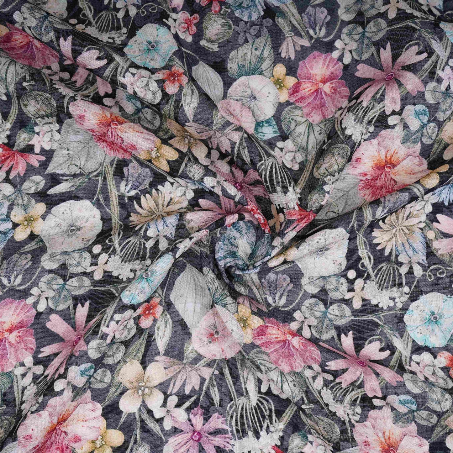 Black Floral Print Cotton Linen Fabric RT-30958