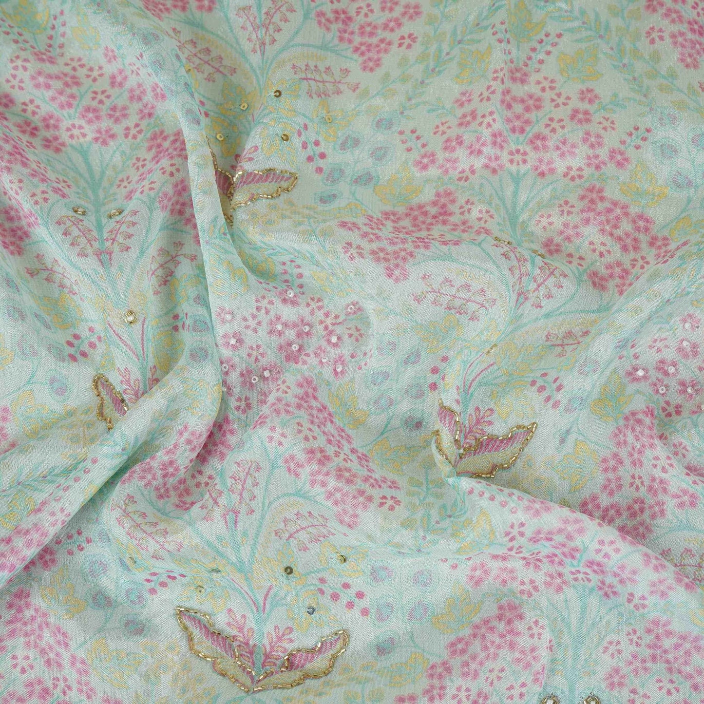 Purple Floral Cutdana Embroidery Chinnon Fabric VF-30630