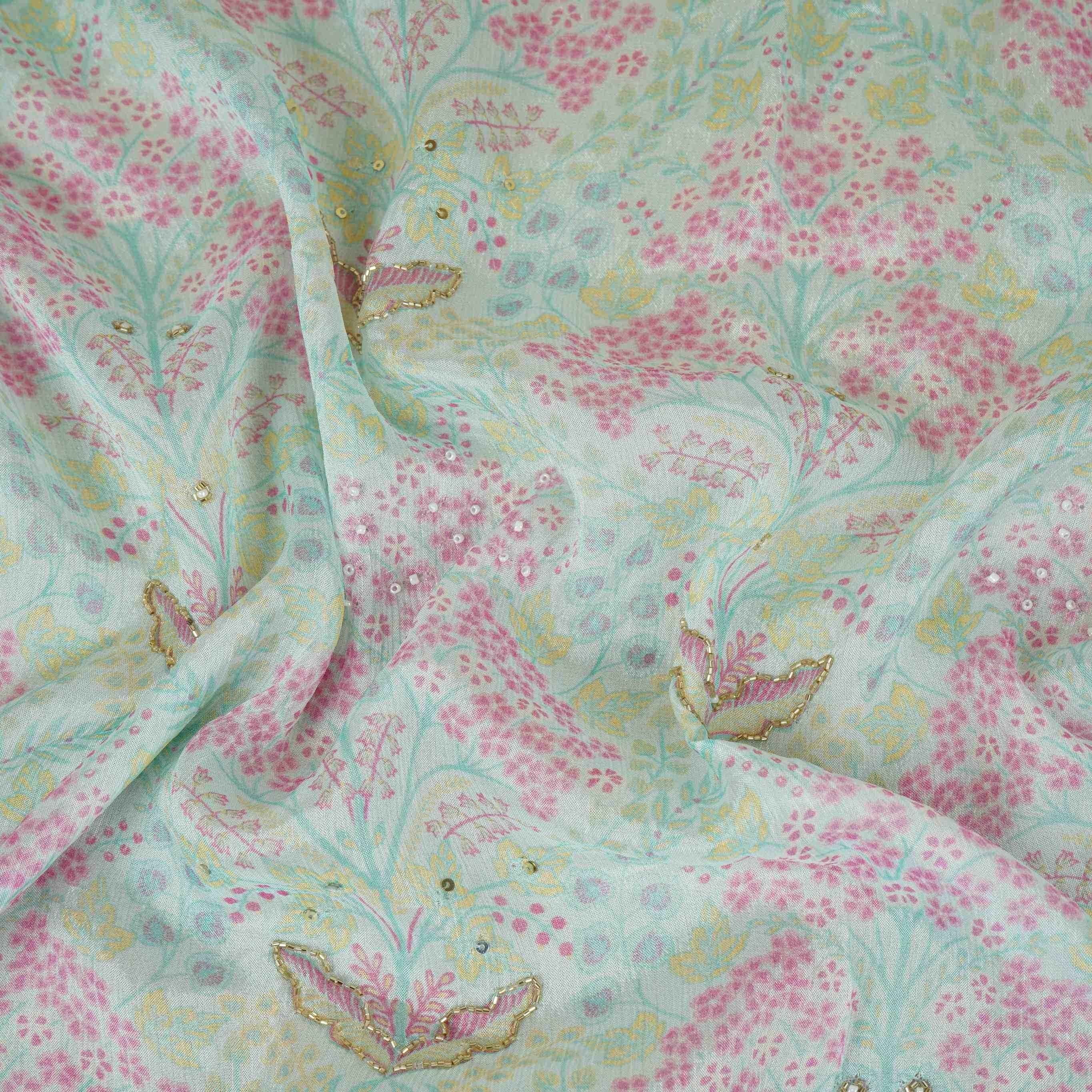 Purple Floral Cutdana Embroidery Chinnon Fabric VF-30630 - TradeUNO