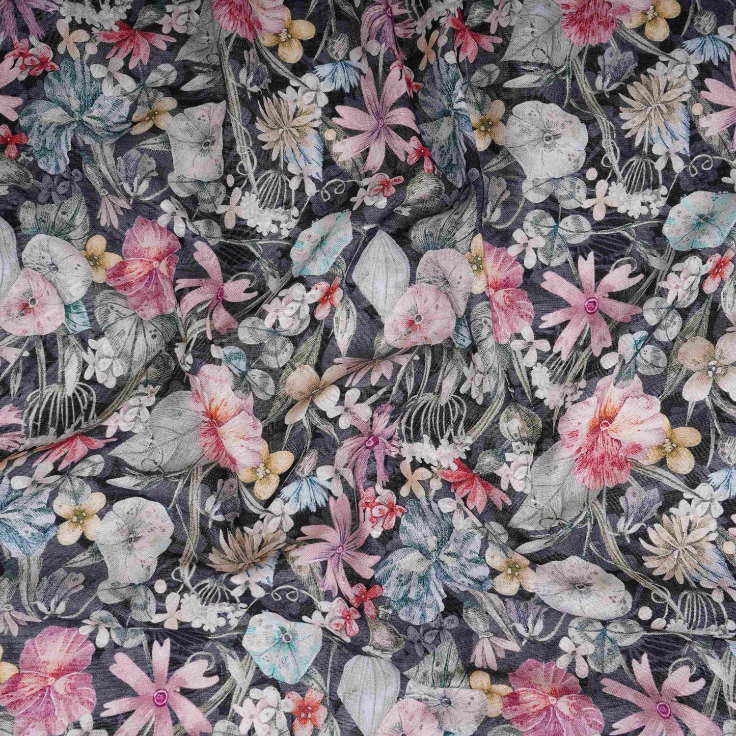 Black Floral Print Cotton Linen Fabric RT-30958