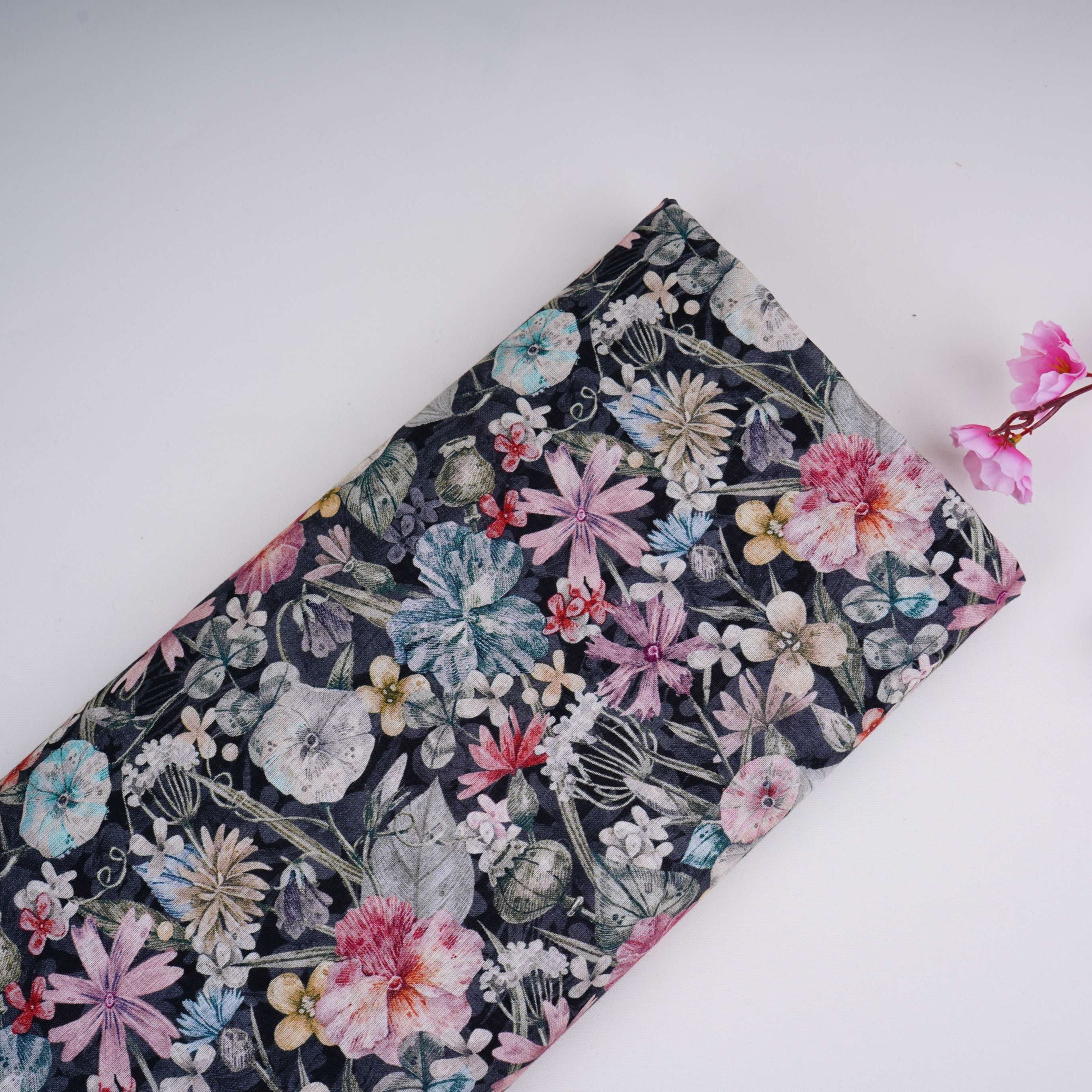 Black Floral Print Cotton Linen Fabric RT-30958 - TradeUNO
