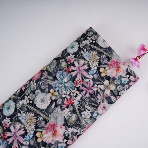 Black Floral Print Cotton Linen Fabric RT-30958