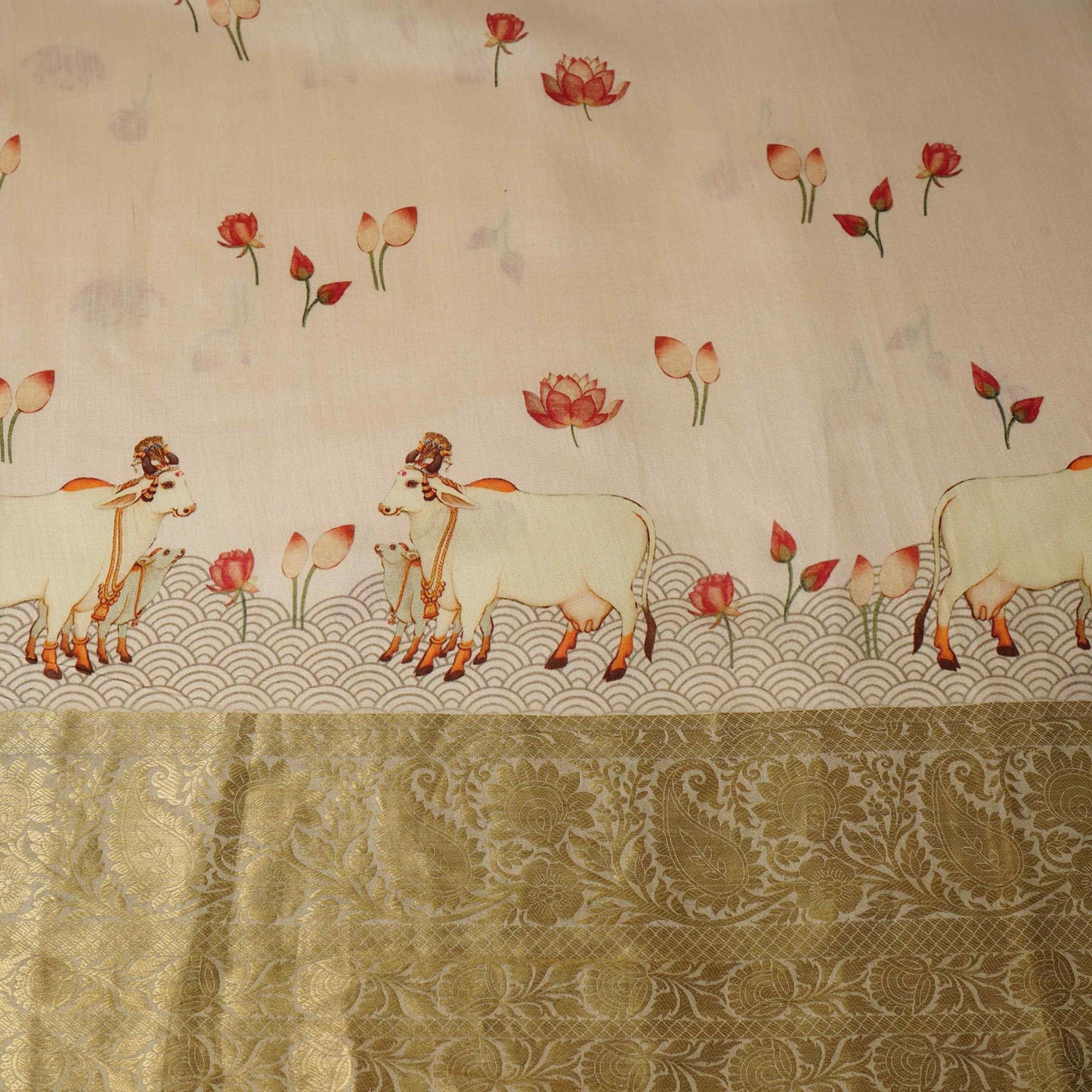 Off White Pichwai With Border Chiniya Silk Fabric CW-32578