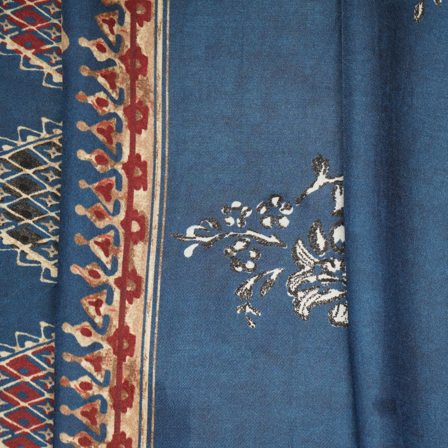 Blue Traditional Print Gaji Silk Fabric