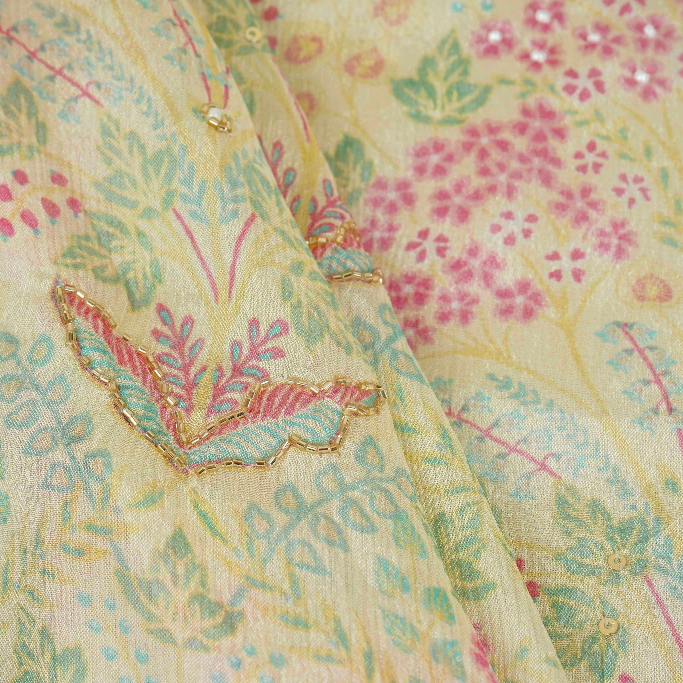 Cream Floral Cutdana Embroidery Chinnon Fabric VF-30629 - TradeUNO