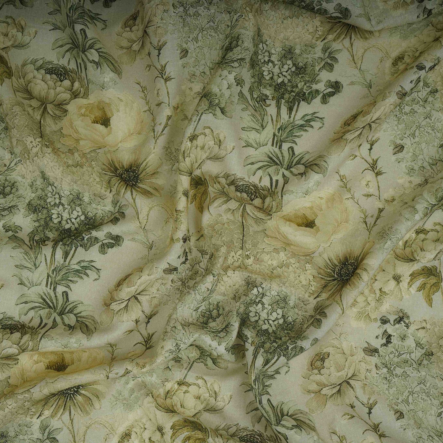 Olive Green Floral Print Cotton Linen Fabric RT-30973