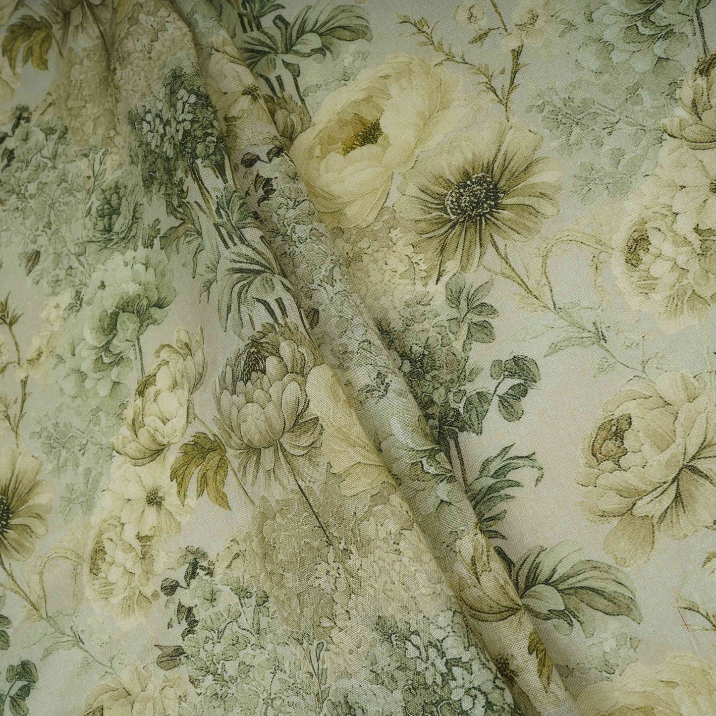 Olive Green Floral Print Cotton Linen Fabric RT-30973