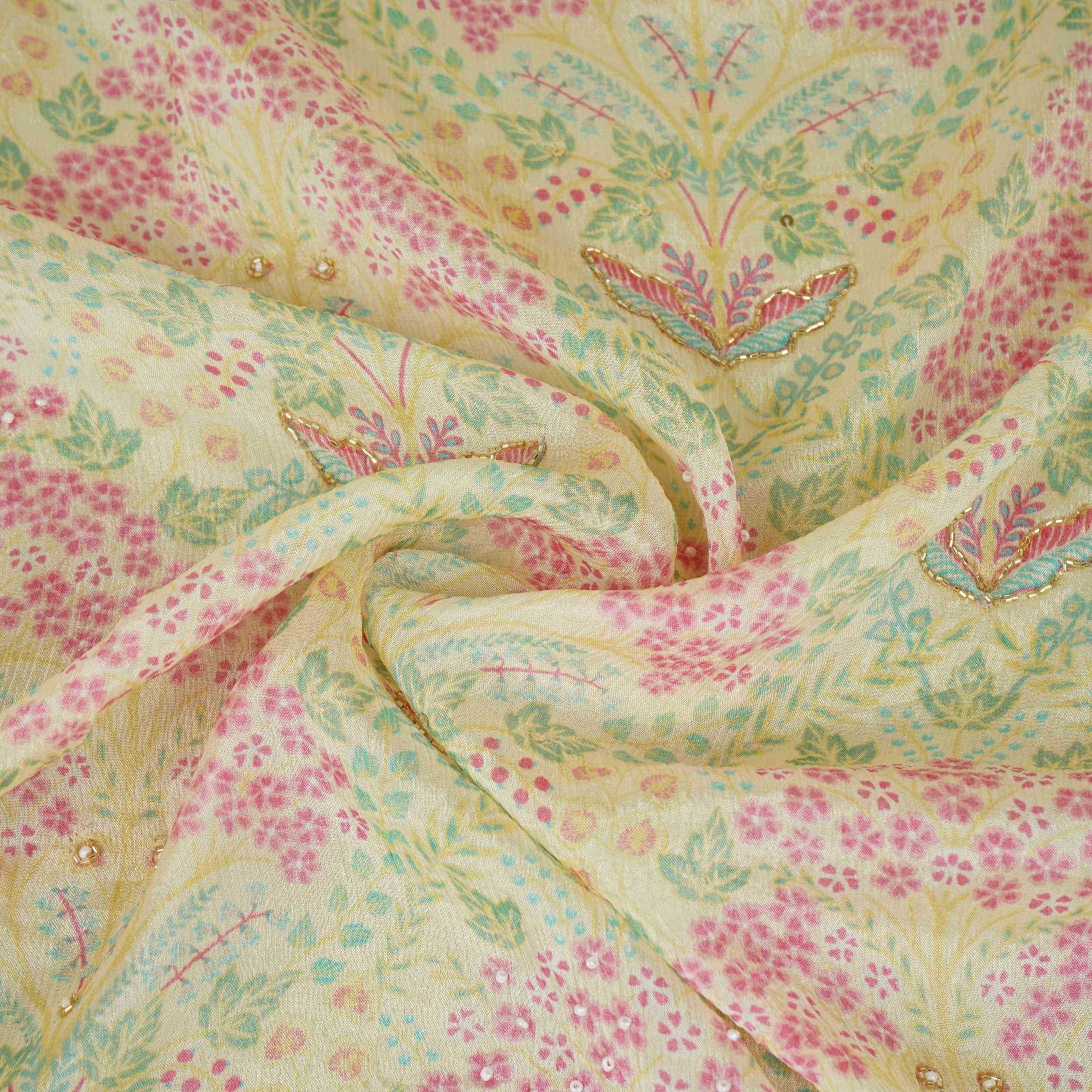 Cream Floral Cutdana Embroidery Chinnon Fabric VF-30629 - TradeUNO